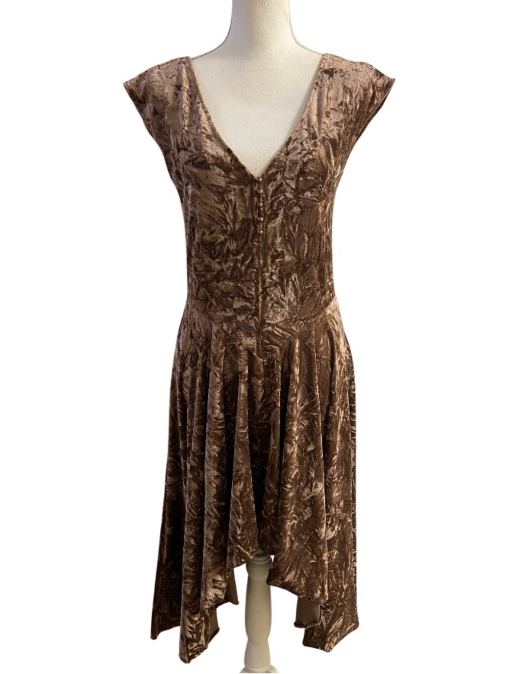 Silence + Noise Brown Crushed Velvet High-Low V-Neck Dress Midi Y2K Large